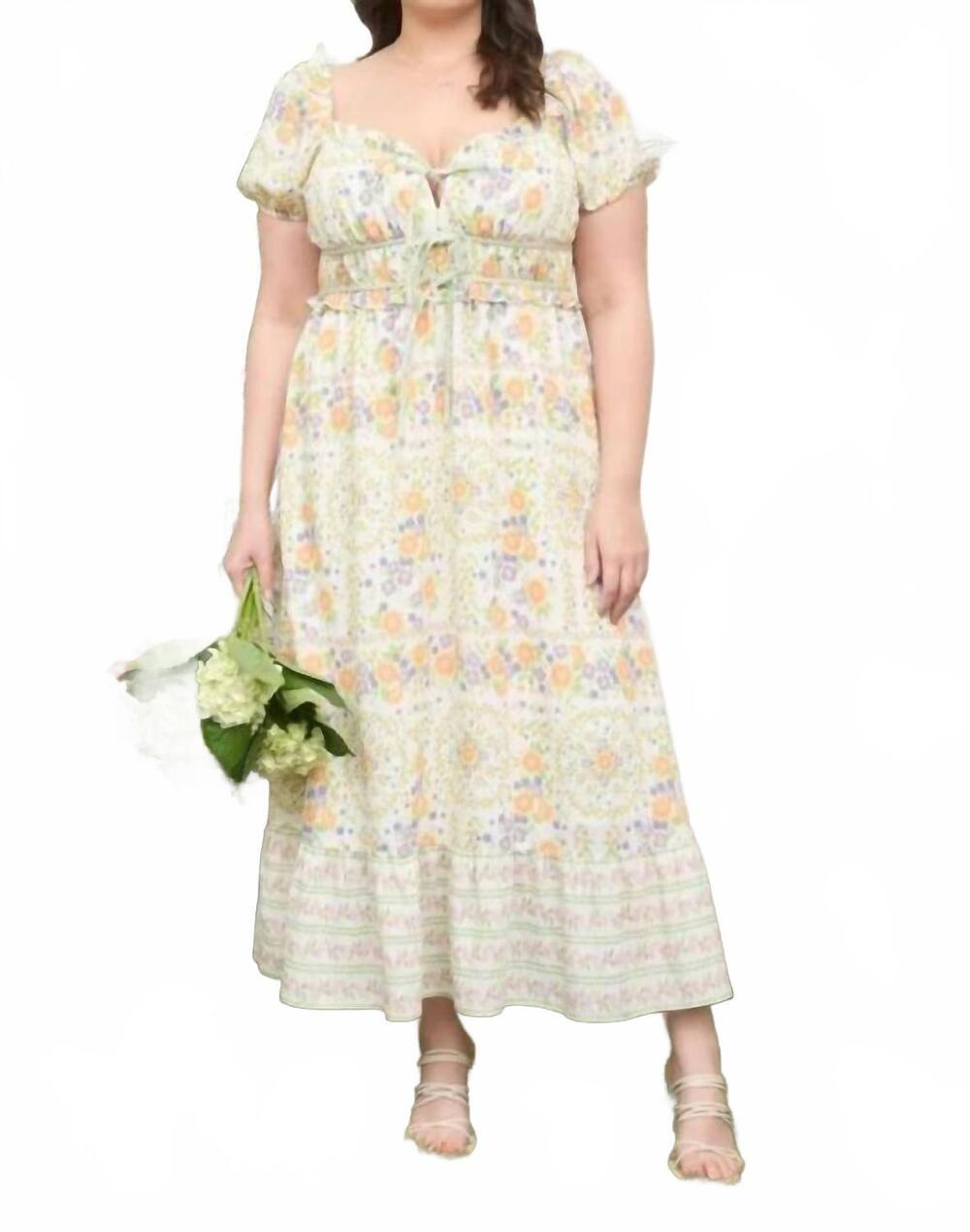 NEW MINE AND E&M floral sweetheart front tie puff sleeve midi dress - plus in gr